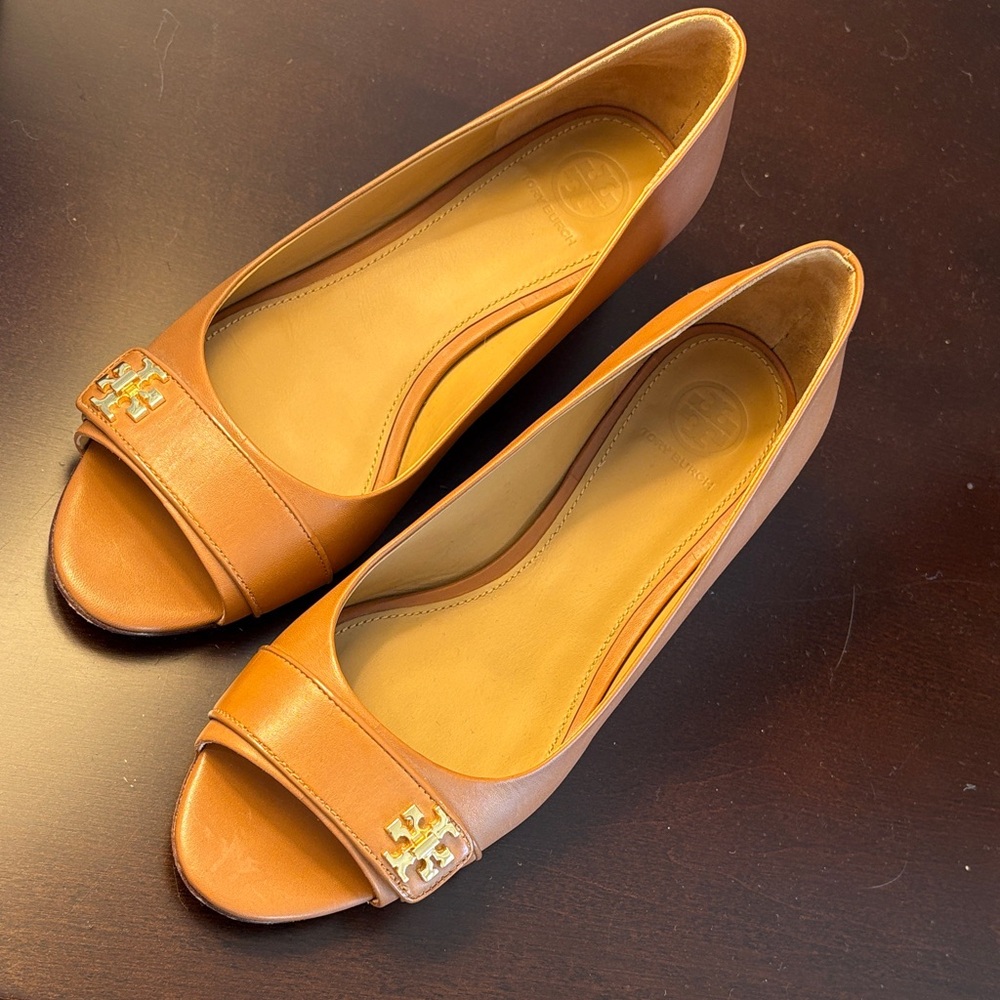 Tory Burch Kira Tan Leather Open Toe Wedge Heels